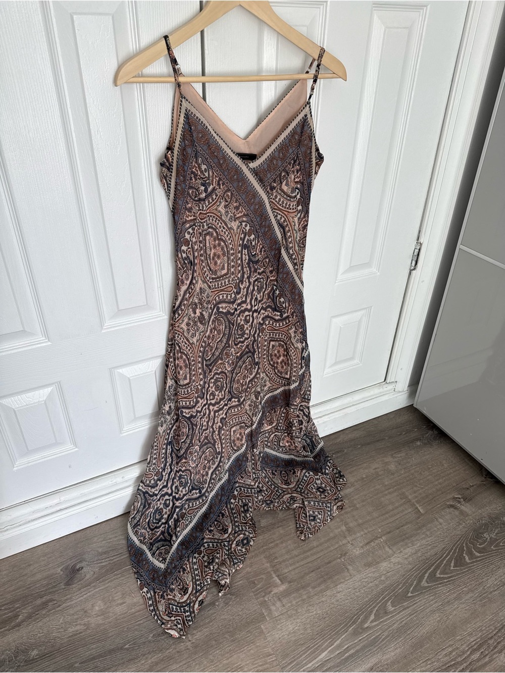 Sleeveless Paisley Slip Dress in Taupe and Navy